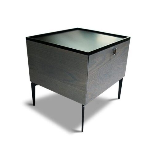 玄灰木紋多功能床邊櫃 溫潤木紋搭配冷調黑框與金屬腳：圖片 1