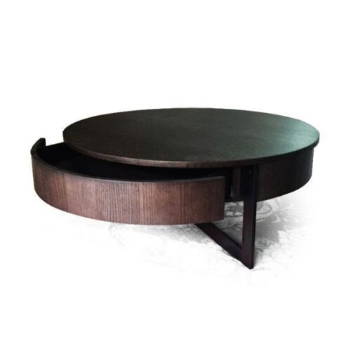 圓形木紋帶抽鐵腳茶几 極簡現代工業風：圖片 1