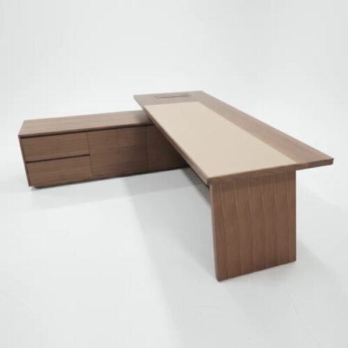 木紋皮革L型辦公桌 大桌面結合側邊收納櫃：圖片 1